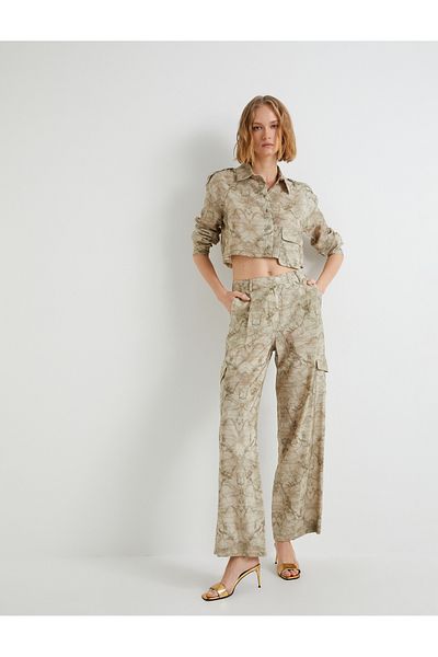 Koton Wide Leg Trousers High Waist Cargo Pocket Relaxed Cut Abstract Pattern