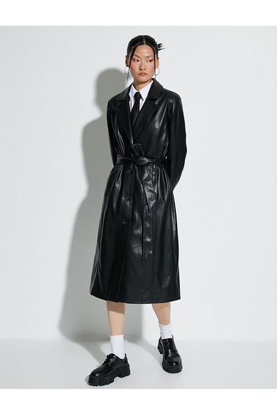 Koton Faux Leather Trench Coat Buttoned Waist Belted Pocket