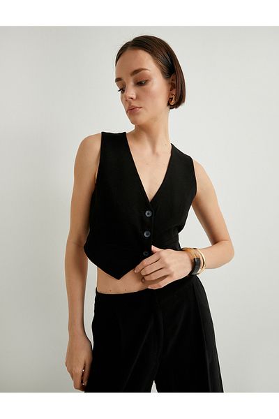Koton Linen Crop Vest V-Neck Lined Fillet Double Pocket Buttoned