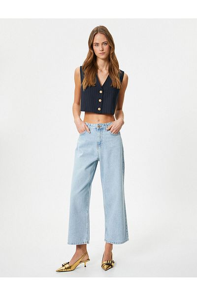 Koton Blugi cu picior scurt lat Buzunar din bumbac cu talie standard - Blugi Crop Bianca