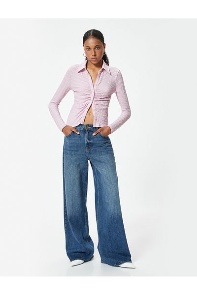 Koton Draped Textured Shirt Slim Fit Long Sleeve Wrap