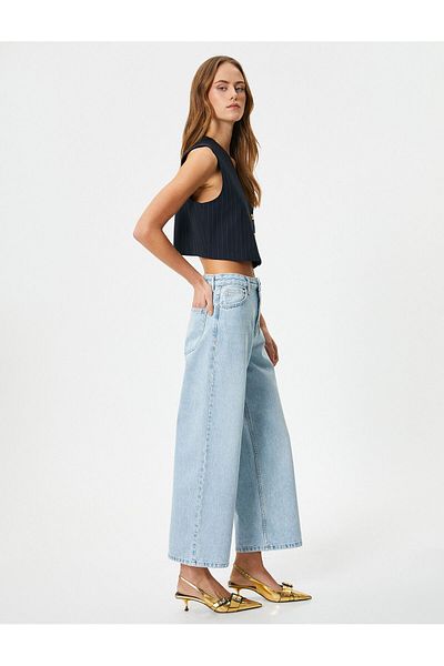 Koton Blugi cu picior scurt lat Buzunar din bumbac cu talie standard - Blugi Crop Bianca