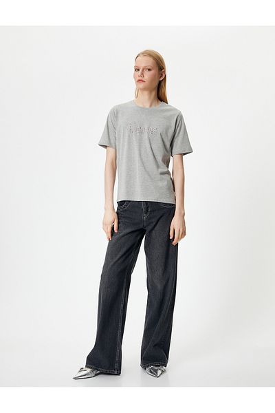 Koton Kurzarm-T-Shirt aus Baumwolle mit Rundhalsausschnitt und Slogan-Print