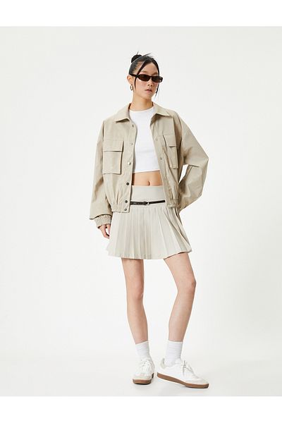 Koton Relaxed Cut Mini Skirt - Pleated and Belted