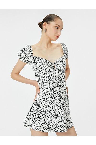 Koton Sweetheart Collar Mini Floral Dress - Lined and Front Tie Detail