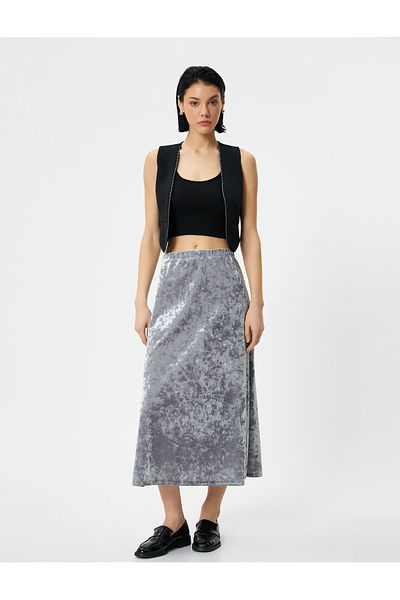 Koton Velvet Midi Skirt with Metallic Elastic Waist