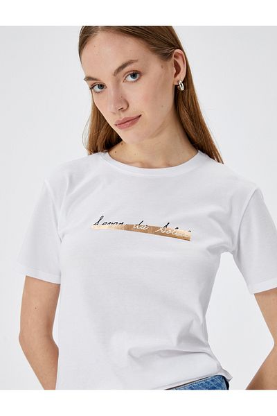 Koton Kurzärmliges, bedrucktes T-Shirt aus Baumwolle mit Rundhalsausschnitt