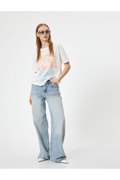 Koton Crew Neck Relax Fit Slogan Printed Short Sleeve T-Shirt