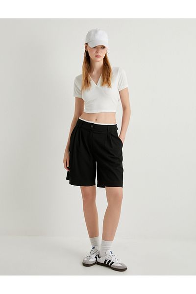 Koton Fabric Bermuda Shorts Pleat Detailed Double Waist Detailed Color Contrast Pocket