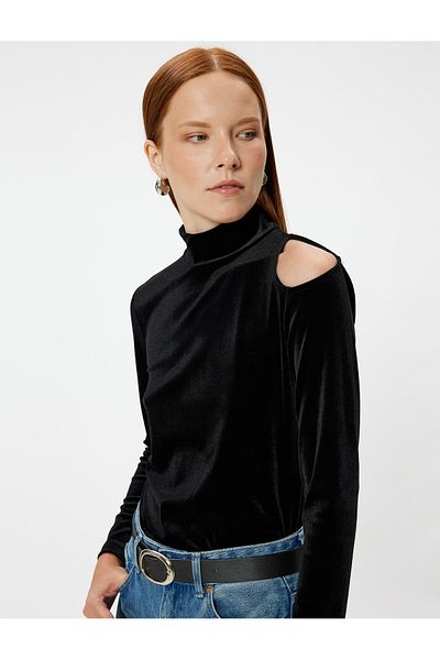 Koton Long Sleeve Velvet T-Shirt - Stand Collar and Window Detail