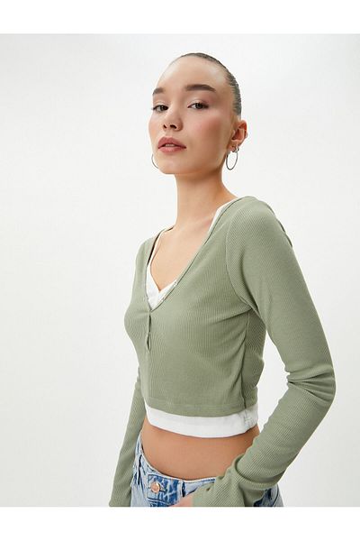 Koton Πολυεπίπεδο Crop T-shirt Διπλό γιακά με αντίθεση χρώματος Μακρυμάνικο με ραβδώσεις