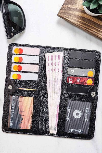 VANİLLA COLLECTİON Unisex Leather Portfolio Card Holder Long Wallet with Phone Compartment Black