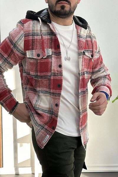 Edwox Red Hooded Men's Lumberjack Shirt - Edw221