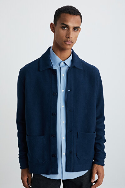 GRIMELANGE Чоловіча коротка темно-синя куртка Andros з товстої фактурної тканини в сільському стилі з великими кишенями