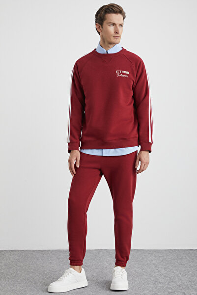 GRIMELANGE Lasting Men's Organic Cotton Embroidered Fleece Inside Pocket Jogger Burgundy Sweatpants