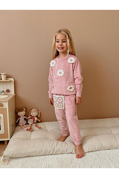 RAPAPA Girls' Daisy Embroidered Velvet Fabric French Velvet Bottom Top Suit 1111