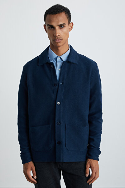 GRIMELANGE Чоловіча коротка темно-синя куртка Andros з товстої фактурної тканини в сільському стилі з великими кишенями