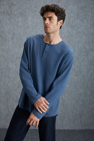 GRIMELANGE Lorenzo pentru bărbați - 100% bumbac organic, hanorac rustic indigo cu detaliu cu nasturi