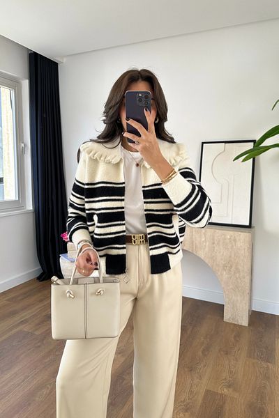 BİRCANÇİL Bilsa Ecru Black Stripe Patterned Knitwear Jacket