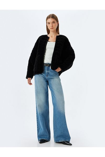 Koton Quilted Velvet Oversize Bomber Jacket with Round Neck Pockets and Zipper