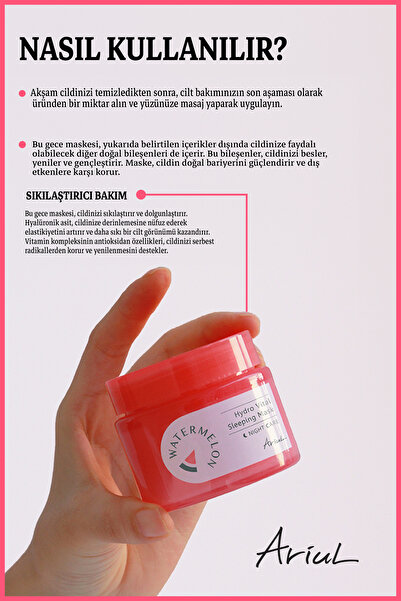 Ariul Watermelon Hydro Gece Maskesi 80 ml|Kırışık Karşıtı, Sıkılaştırma|Hyalüronik Asit ve Vitamin