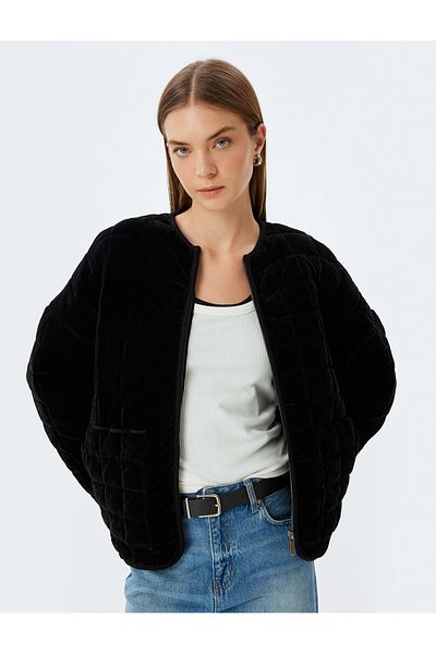 Koton Quilted Velvet Oversize Bomber Jacket with Round Neck Pockets and Zipper