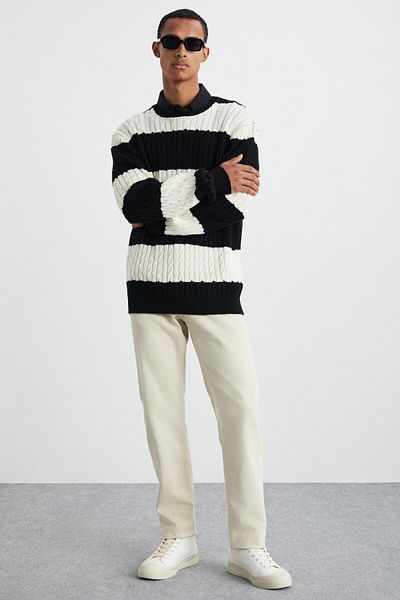 GRIMELANGE Narvık Men's Recyle Soft Crew Neck Hair Knit Patterned Knitwear Black/Ecru Sweater