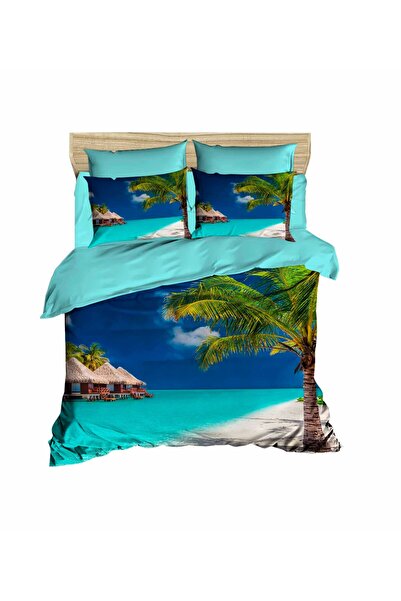 Fabeteks Palm Tree on Blue Sea Beach 3D Double Duvet Cover Pillow Set