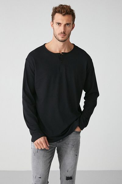 GRIMELANGE Lorenzo Herren-Sweatshirt, speziell, rustikal, strukturiert, 100 % Bio-Baumwolle, Knopfdetail, normales schwarzes Sweatshirt