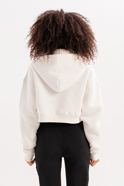 JUSTEVER Crop Hooded Zippered Kangaroo Pocket Raster Hoodie Ecru Women's Sweatshirt - Lumen