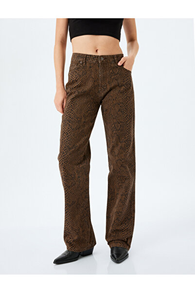 Koton Yılan Derisi Desenli Düğmeli Cep Detaylı Normal Bel Baggy Pantolon