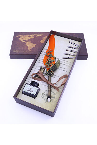 Bıyıklı Tobacco مجموعة Inkwell باللون البرتقالي - قلم ريش الطيور ومجموعة علوية