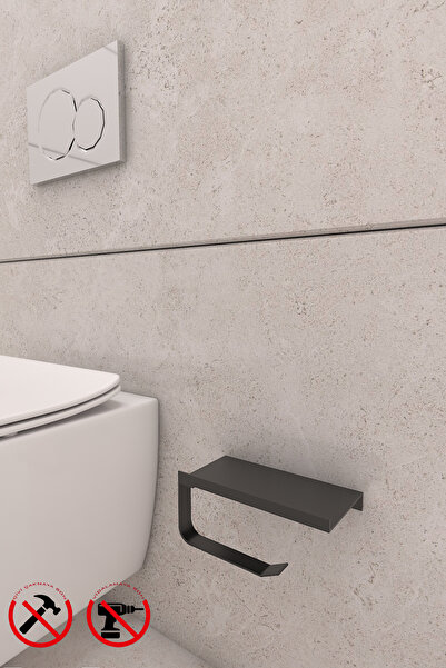 Alper Banyo Black Toilet - Paper Holder, Adhesive, Phone Shelf