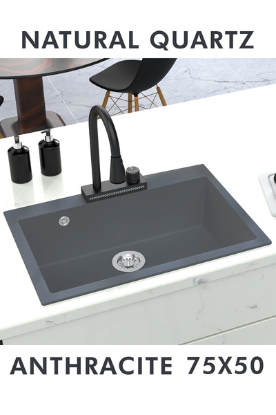 HENASURFACE Granit Eviye Tek Gözlü Antrasit 75x50 Granit Eviye Kuvars