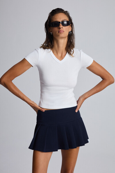 GRIMELANGE Fusta mini tenis bleumarin plisată din țesătură scuba Jovita pentru femei