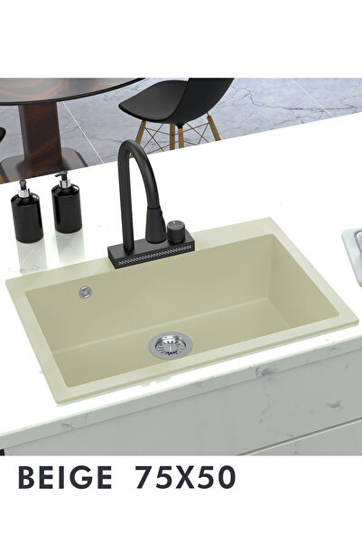 HENASURFACE Granit Eviye Tek Gözlü Bej 75x50 Granit Eviye Kuvars