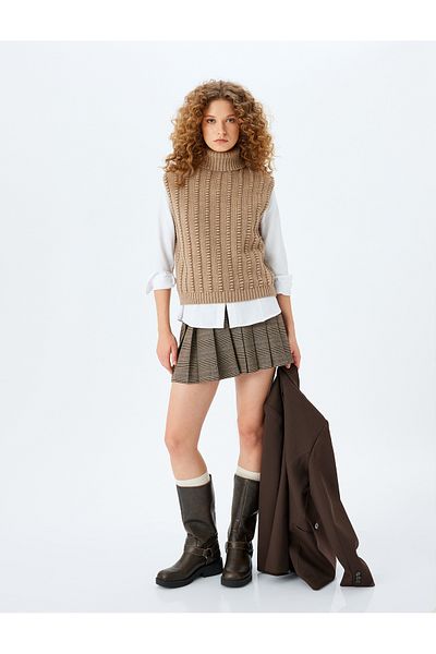 Koton Turtleneck Sleeveless Textured Back Zippered Knitwear Sweater