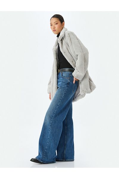 Koton Stand Collar Double Breasted Faux Fur Coat with Pockets