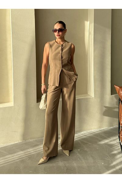 Laluvia Khaki Camille klasszikus gombos mellény nadrág - 8449