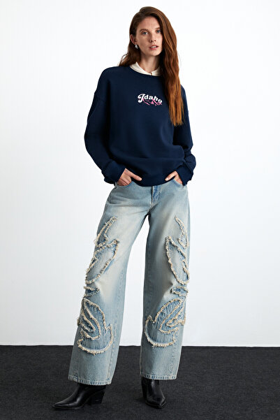 GRIMELANGE Elınay Kadın Pamuklu Oversize Fit Ön Arka Baskı Detaylı Koyu Mavi Sweatshirt