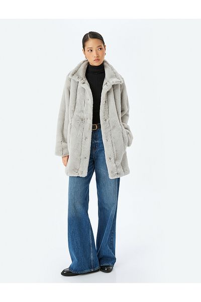Koton Stand Collar Double Breasted Faux Fur Coat with Pockets