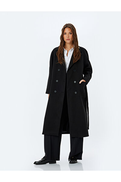 Koton Cepli Düğmeli Kemer Detaylı Kruvaze Uzun Kaşe Kaban