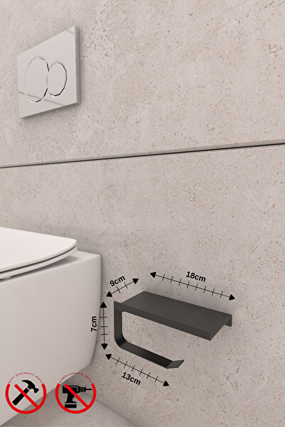 Alper Banyo Black Toilet - Paper Holder, Adhesive, Phone Shelf