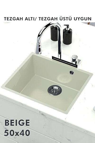 HENASURFACE Granit Eviye Tek Gözlü Bej 50x40 Evye Kuvars Tezgah Altına Uygun