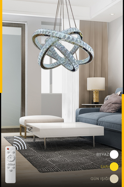 Sword Lighting Üçlü Halka Kristal Ledli Uzaktan Kumandalı Avize, Salon Oturma Odası Avize, Gümüş