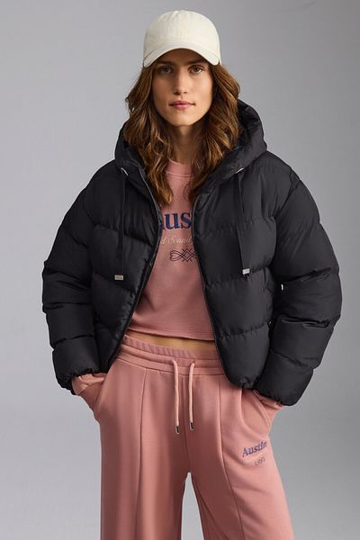 GRIMELANGE Chantal Women's Hooded Elastic Sleeve Windproof Double Pocket Puffer Black Coat