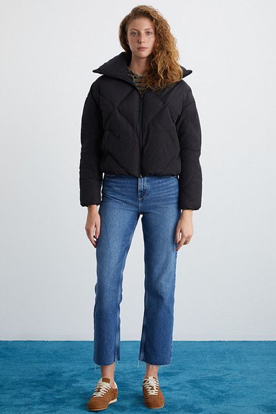 GRIMELANGE Manon Women's Stand Collar Quilted Patterned Medium Thickness Windproof Inflatable Outerwear Black Coat