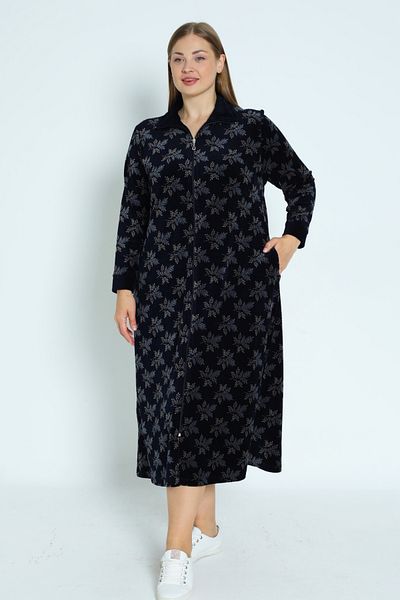 İntensive Print Navy Blue Zip Long Sleeve Cotton Velvet Long Women's Plus Size Dress