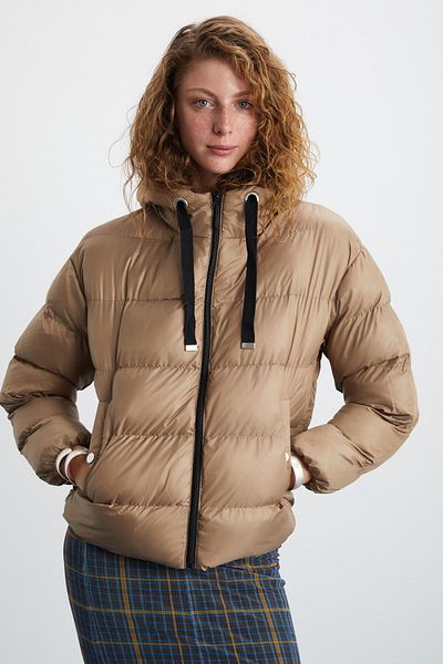 GRIMELANGE Chantal Women's Hooded Elastic Sleeve Windproof Double Pocket Puffer Beige Coat