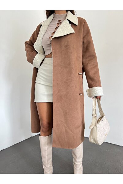 Modamorfo Velúr kabát belső szőrmével és övvel - barna